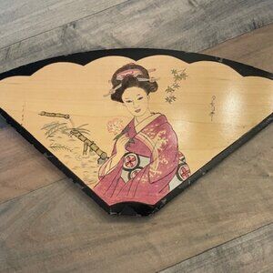Vintage Japanese Geisha wooden fan-shaped wall art design 18" x 9" x 1"